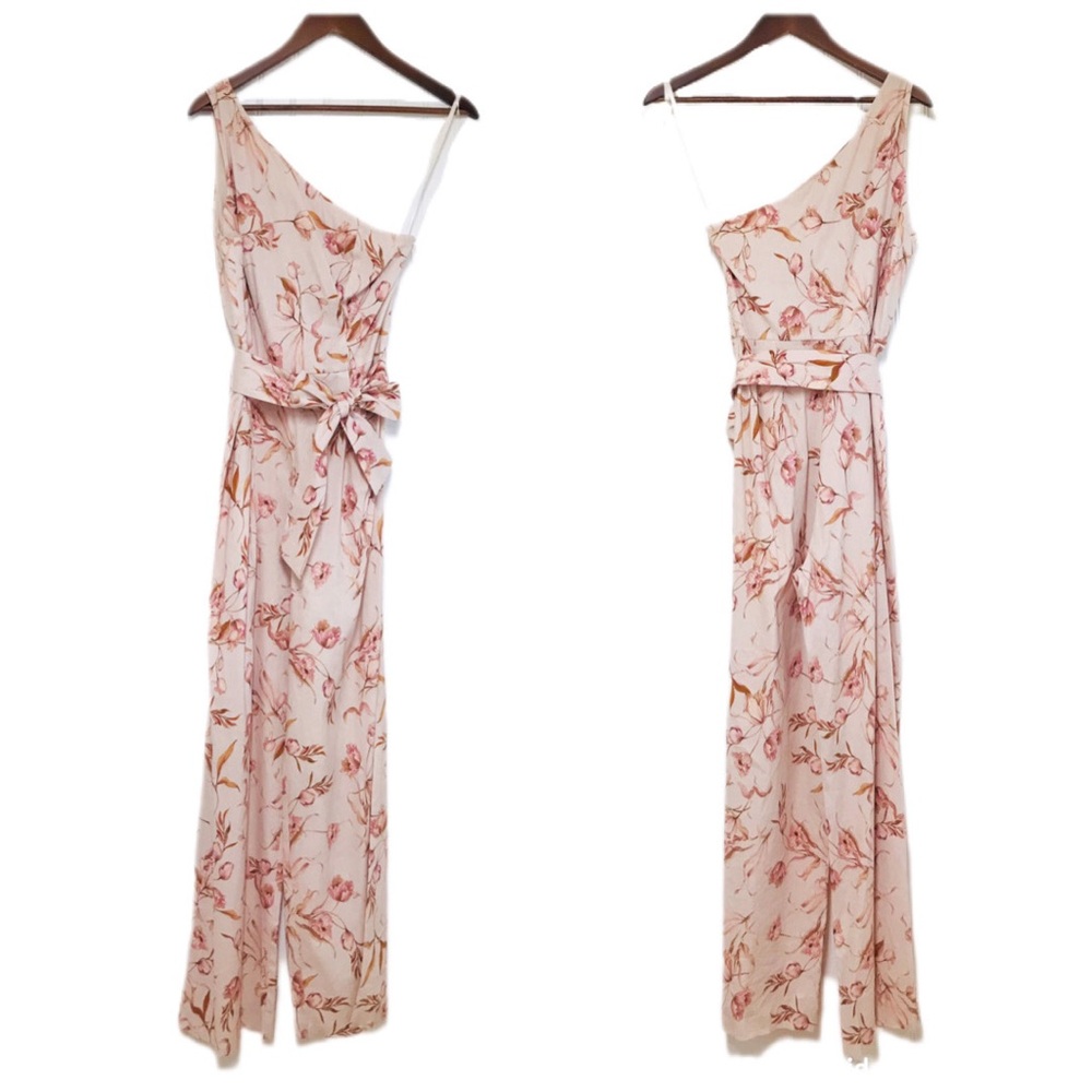 ANTONIO MELANI Pink Floral One Shoulder Jumpsuit Linen Blend Belted Size 10 New‎ - Picture 2 of 13